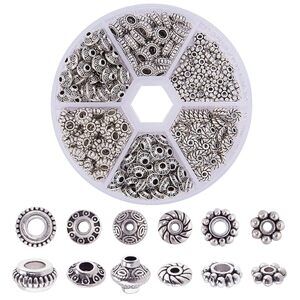 300pcs 6 Style Antique Silver Spacer Beads, Tibetan Metal Alloy